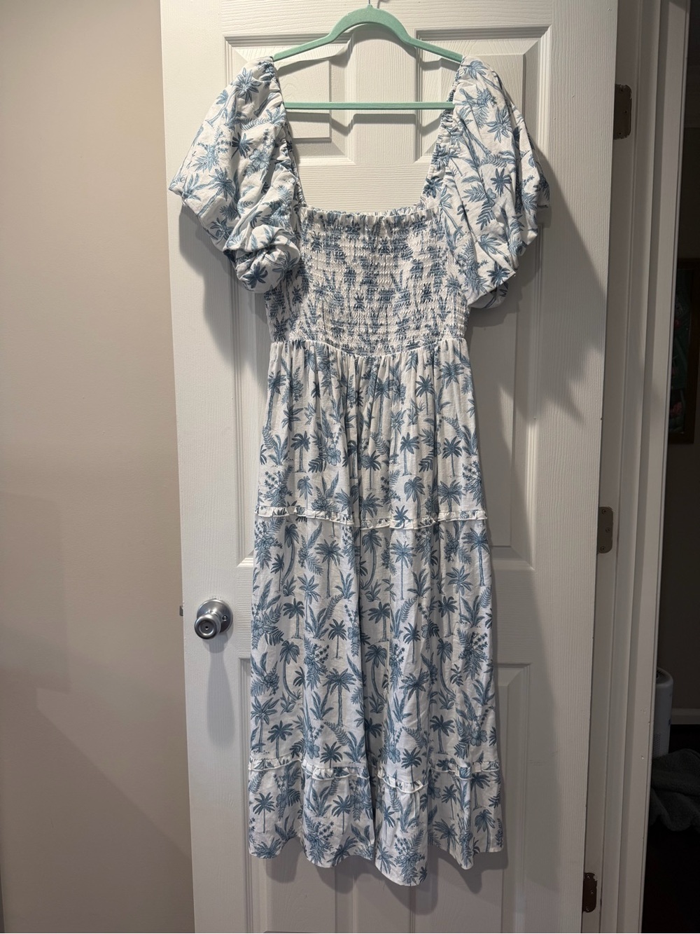 Show Me Your MuMu Bixby Smocked Bodice Midi Dress in a blue palm tree print